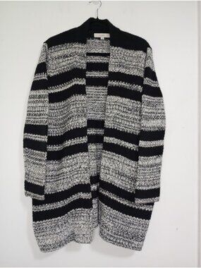 Cardigan Open-Front Sweater  Black White Striped Pockets Loft S, cotton blend